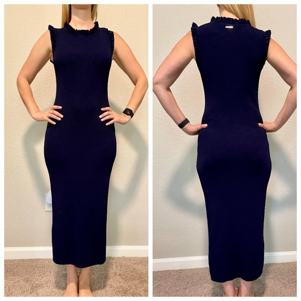 MICHAEL MICHAEL KORS Stretch Viscose Ribbed Dress with Ruffles Dark Blue S-M - Picture 3 of 9